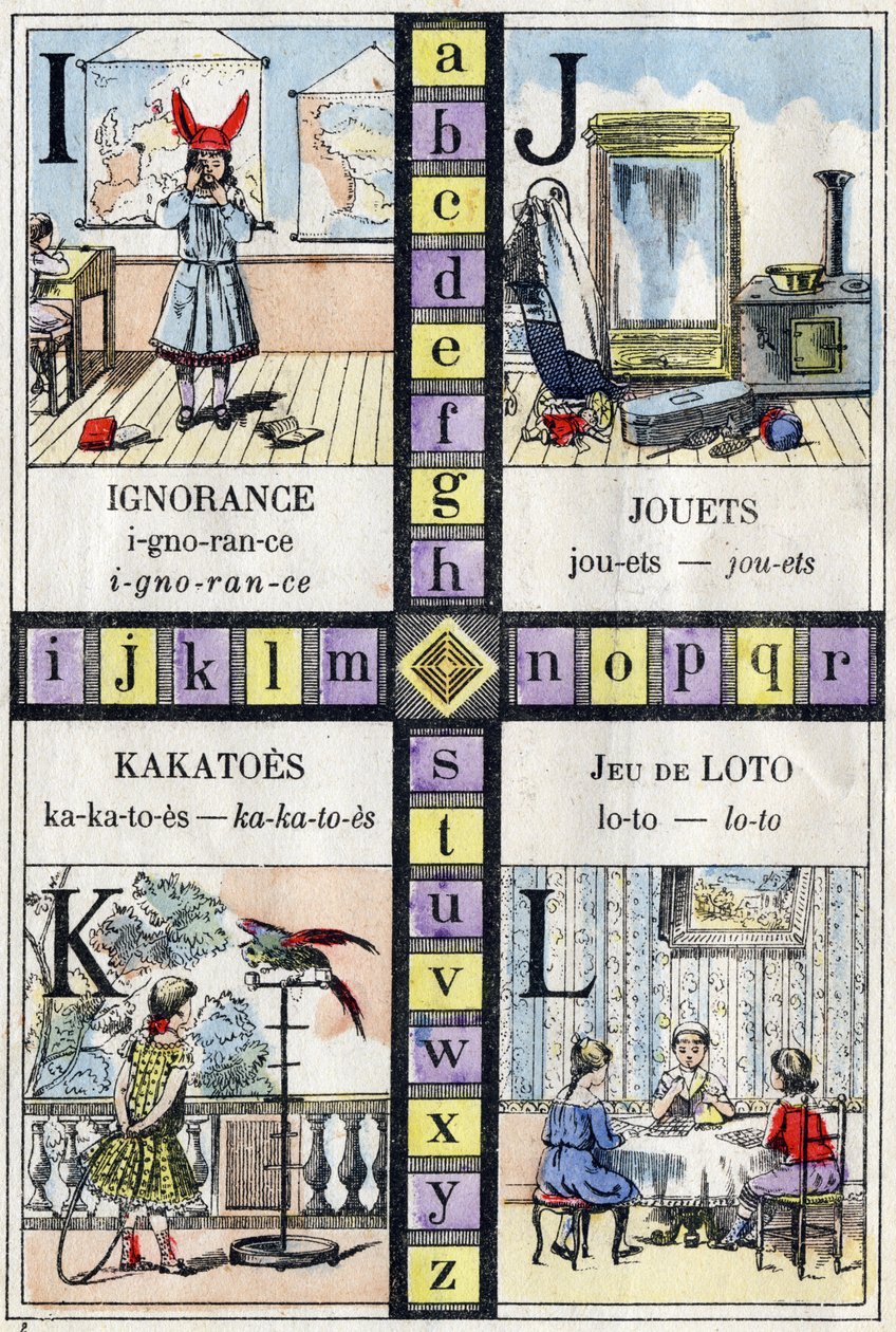 Alfabe ve Harf I J K ve L, cehalet, oyuncaklar, kakatolar ve loto oyunu. Küçük kızların ABC