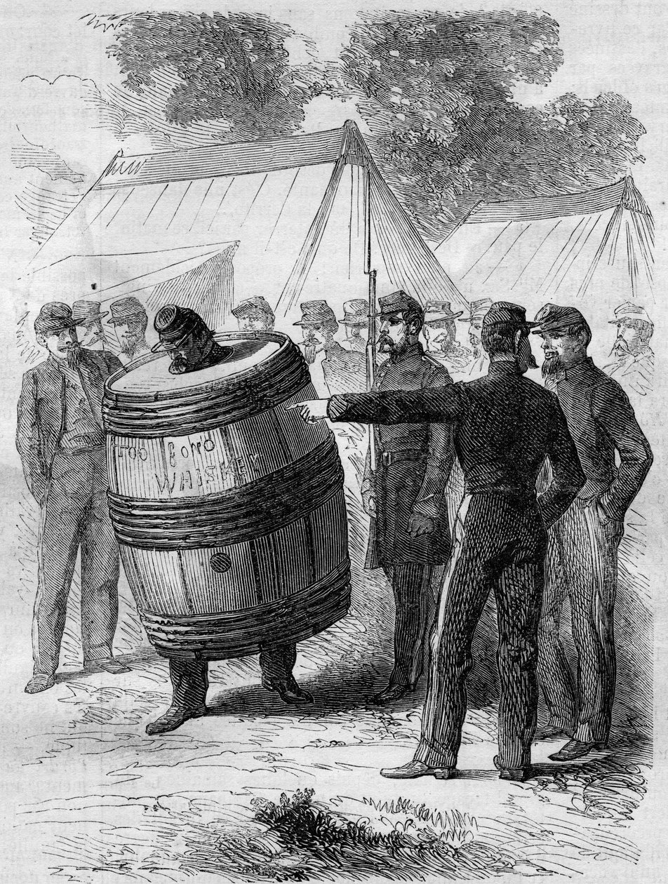 Amerikan İç Savaşı (1861-1865): Konfederasyon ordusunun sarhoş bir askerinin cezalandırılması. Diğer askerlerin eğlenceli bakışları altında kampta bir namlu delici ve yürüteç takıyor. 26 Temmuz 1862 tarihli “Le Monde Illustré” n°276