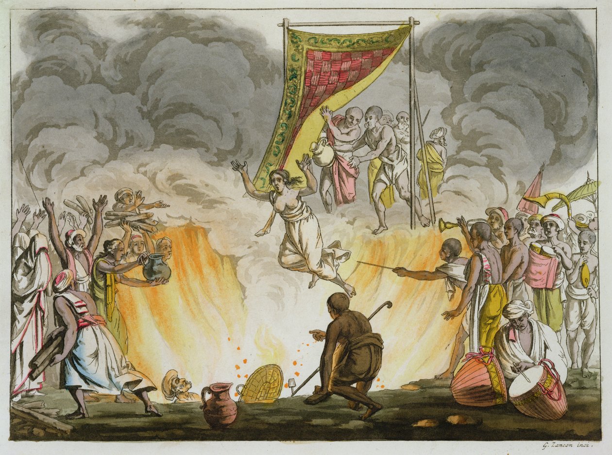 Hintli Bir Dul Kocasının Cesedi ile Yanarak Öldü, Hindistan Üzerine Bir Kitaptan plaka 30, Gaetano Zancon (1771-1816) tarafından oyulmuş by French School