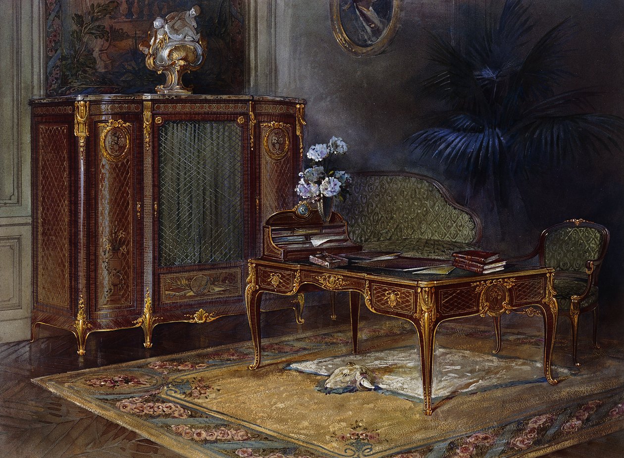 Louis XV Tarzı Ormolu montajlı ve Parke Bürosu Plat ve Bibliotheque 43.4cm ile bir İç Mekan, by French School