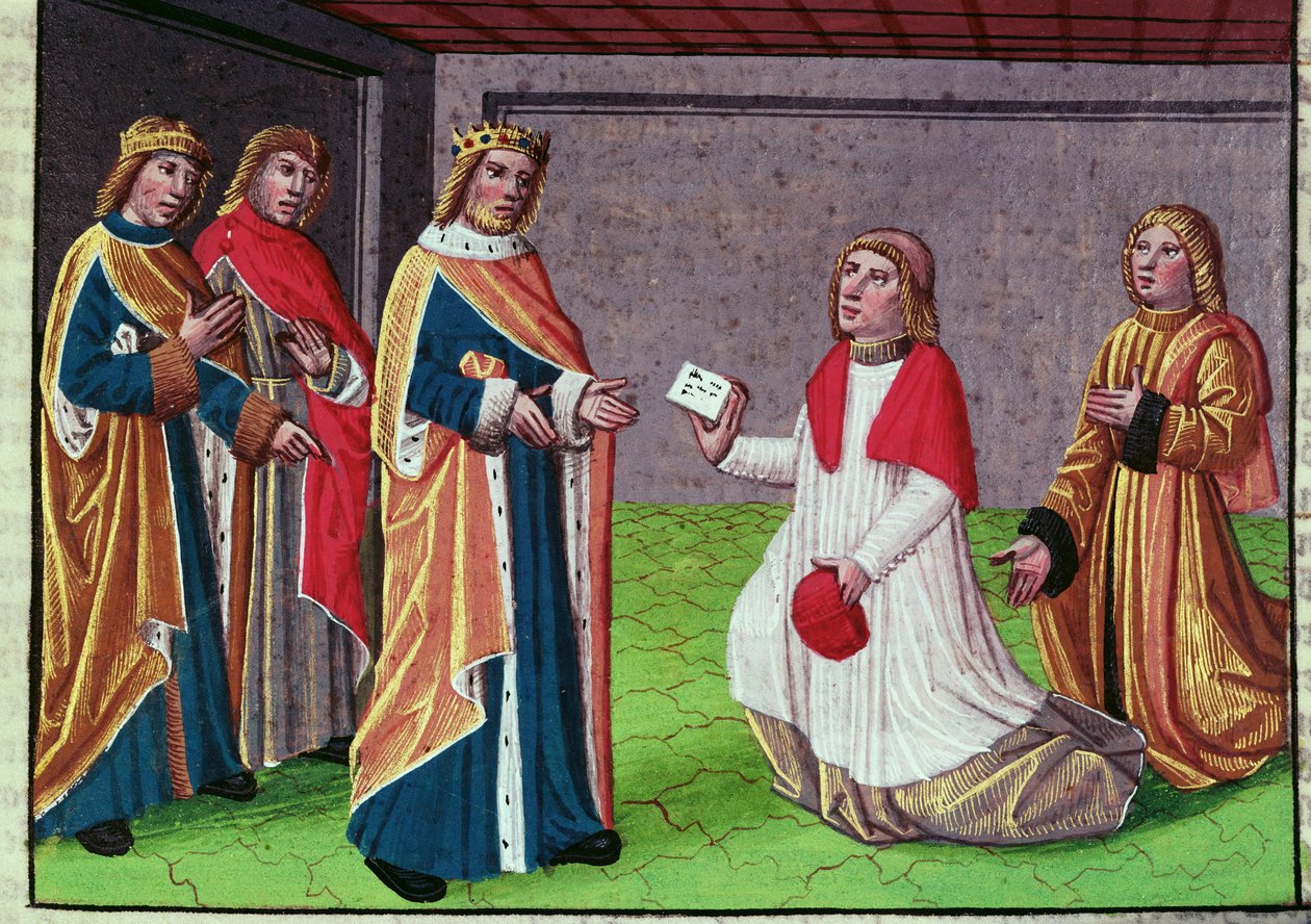 Papa I. Adrian'ın Roma'yı Lombard kralı Desiderio'ya karşı savunması için Charlemagne'a yalvaran bir elçisi, A. Verard, Paris tarafından basılan 'Ogier le Danois'ten minyatür by French School