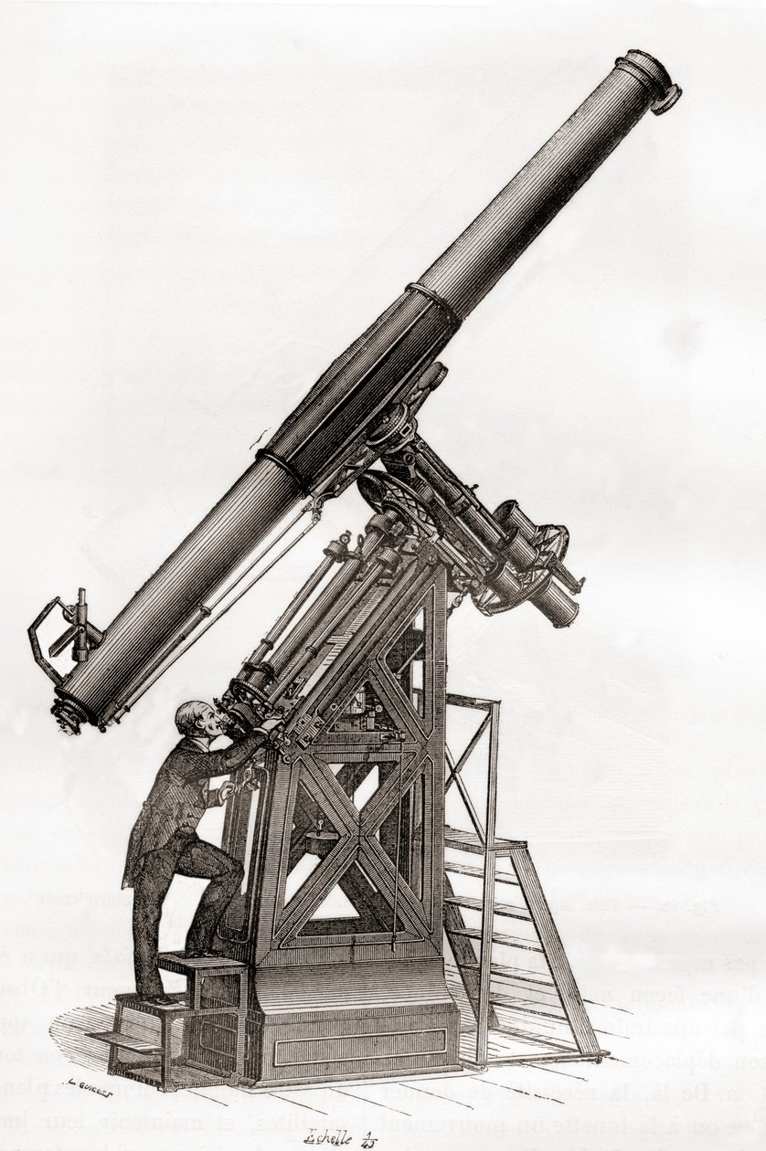 19. yüzyılda Fransa'nın Paris Gözlemevi'ndeki bir ekvator teleskopu, Les Merveilles de la Science'dan, 1870 dolaylarında yayınlandı (gravür) by French School
