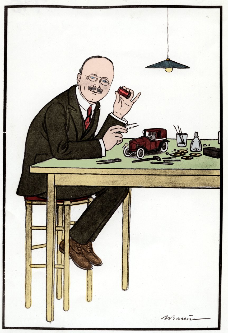Andre Citroen (1878-1935), model araba yaparken; Barriere tarafından çizilmiştir. by French School