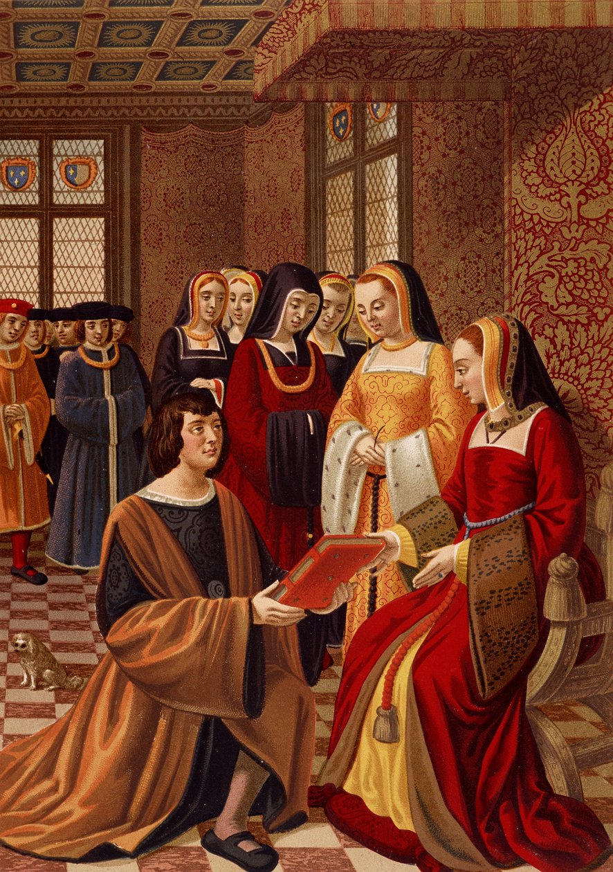 Brittany'li Anne (1477-1514), onurlu leydileriyle çevrili. 16. yüzyıl minyatüründen sonra kromolitografi. Sanat Deco Kütüphanesi, Paris by French School