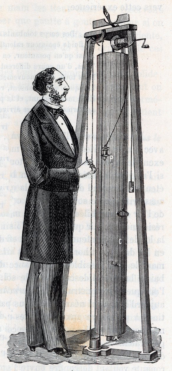 Aparatı Arthur Jules Morin (1795-1880) cisimlerin düşüşünü incelemek için aparat - “” Bilimler herkesin beğenisine sunuldu - Popüler fizik ve kimya”” da gravür Alexis Clerc - 19. yüzyılın sonu - Özel koleksiyon by French School