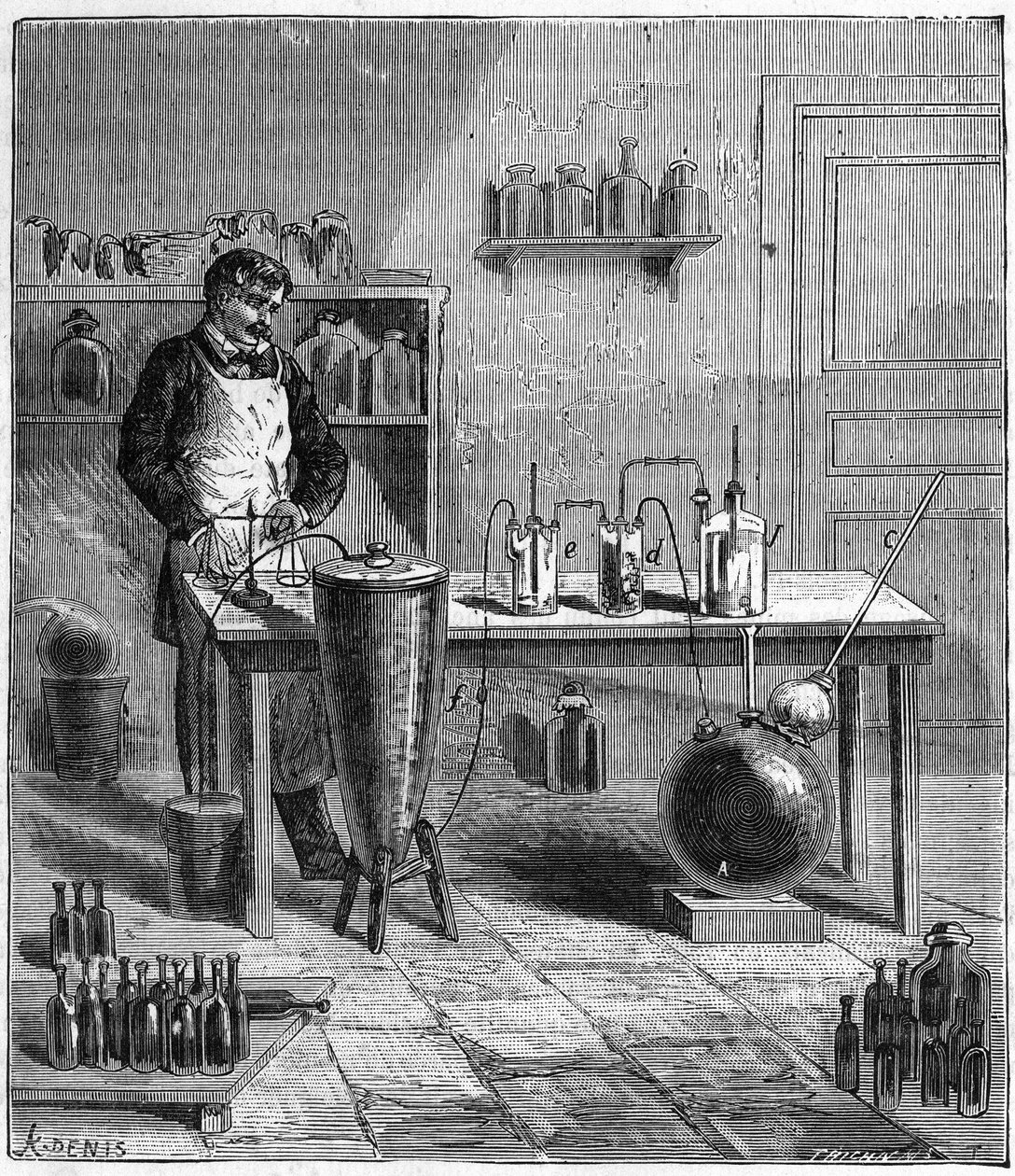 Eugene SOUBEIRAN (1797-1858) tarafından kabartma tozu hazırlanması için aparat - Alexis Clerc tarafından “” Bilimler herkesin beğenisine sunuldu - Popüler fizik ve kimya”” da gravür - 19. yüzyılın sonu - Özel koleksiyon by French School