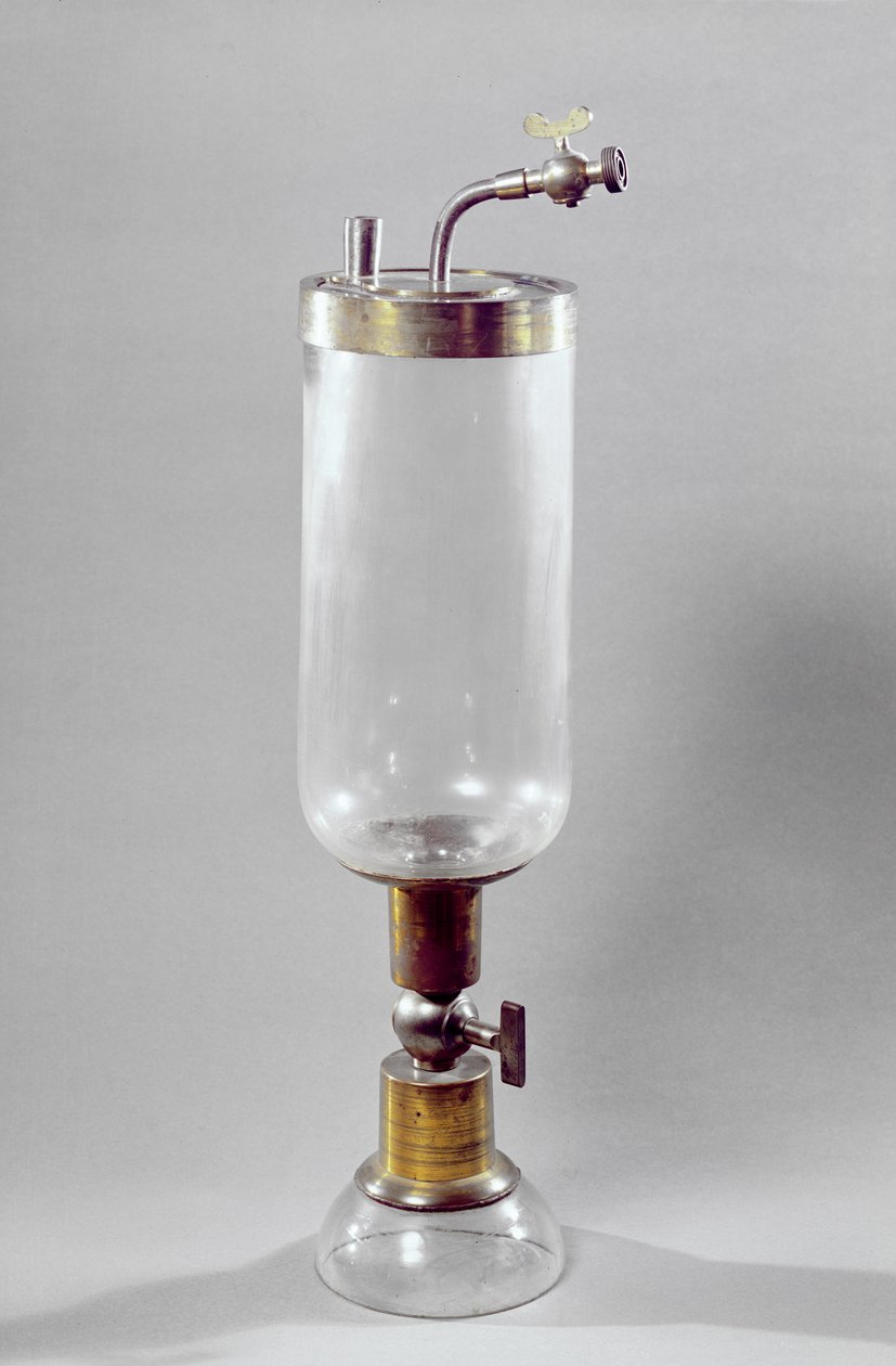 Antoine Laurent de Lavoisier (1743-94) tarafından tasarlanan gaz araştırma aparatı (metal ve cam) by French School