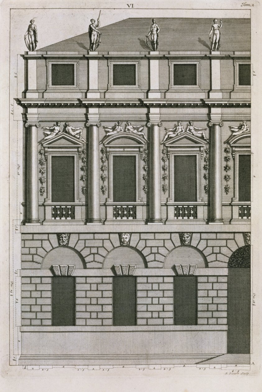 Bernard Picart (1673-1733) tarafından oyulmuş, Palladyen orantıları gösteren mimari tasarım, c.1716 by French School