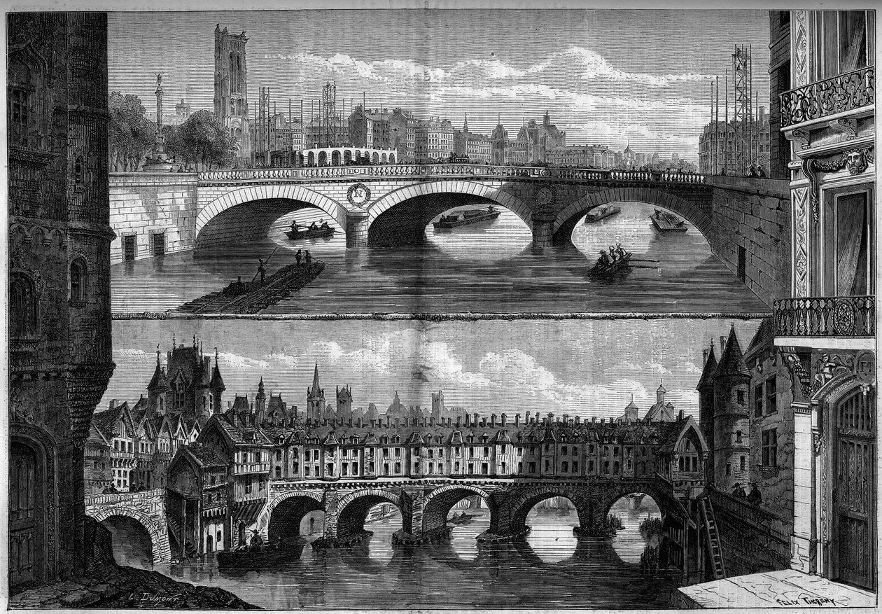 Mimarlık, Paris: 1660 yılında eski köprü au Change (1639-1647) ve 1860 yılında inşa edilen yeni köprünün görünümü. 20 Ekim 1860 tarihli “” Le Monde Illustré” n°184