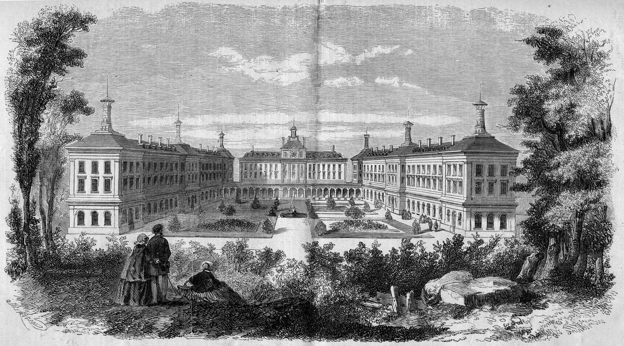 Mimari: Vincennes askeri hastanesinin genel görünümü (1858). Gravür, 12 Haziran 1858 tarihli “” Le Monde Illustré” n°61. by French School