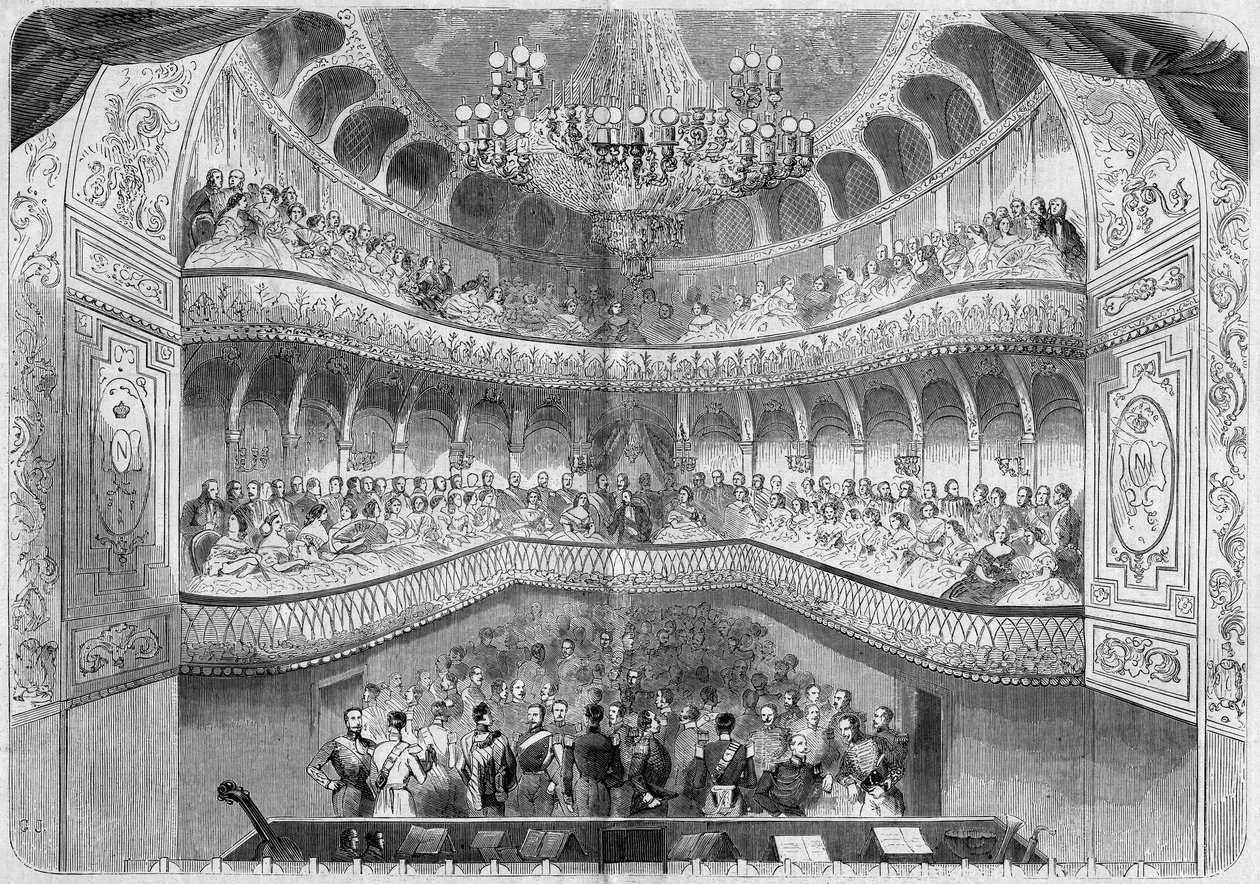 Mimari: Fontainebleau sarayının tiyatrosunun (18. yüzyıl) iç görünümü. Gravür, 12 Haziran 1858 tarihli “” Le Monde Illustré” n°61. by French School