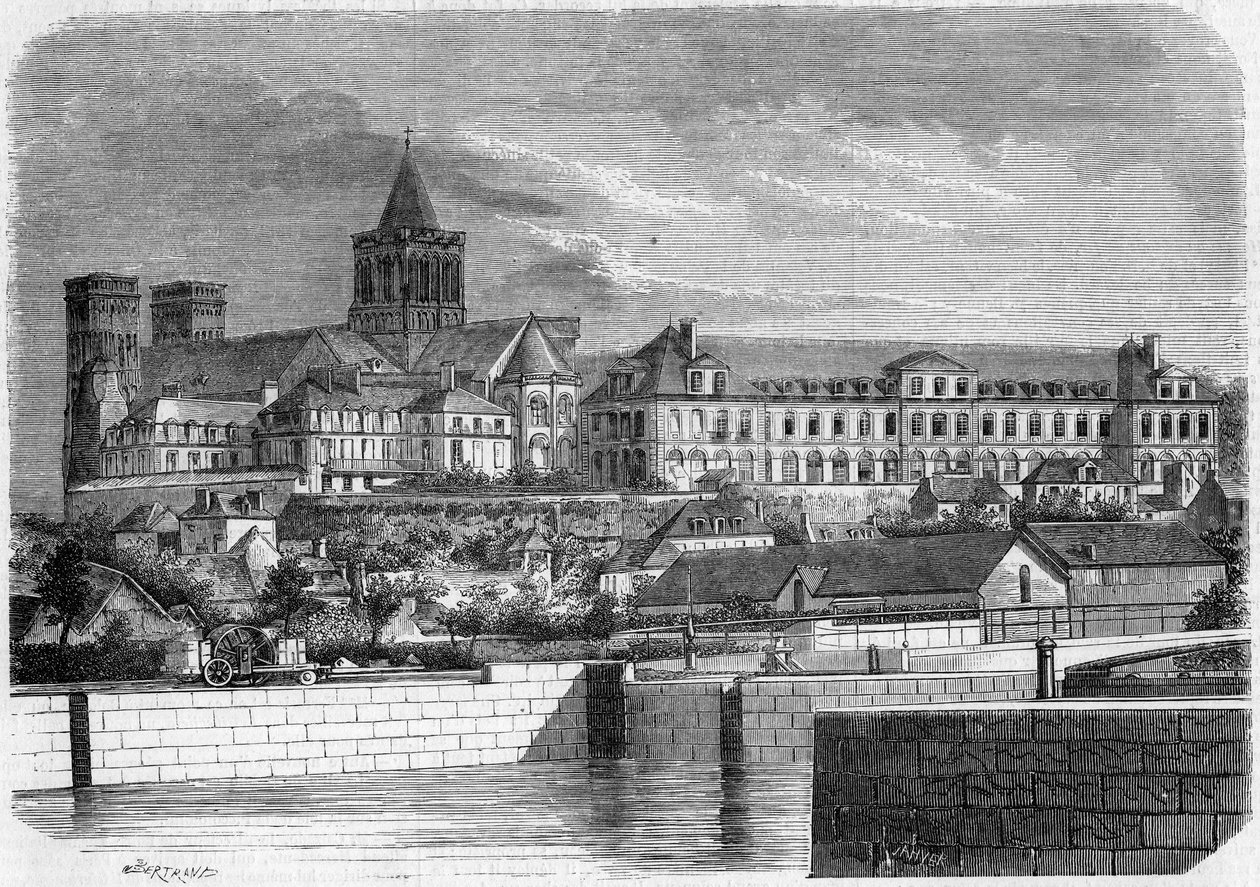 Mimari: Abbey aux Dames (yaklaşık 1060) ve Holy Trinity Kilisesi (Romanesk tarzı) manzarası. Caen, Calvados (14) by French School