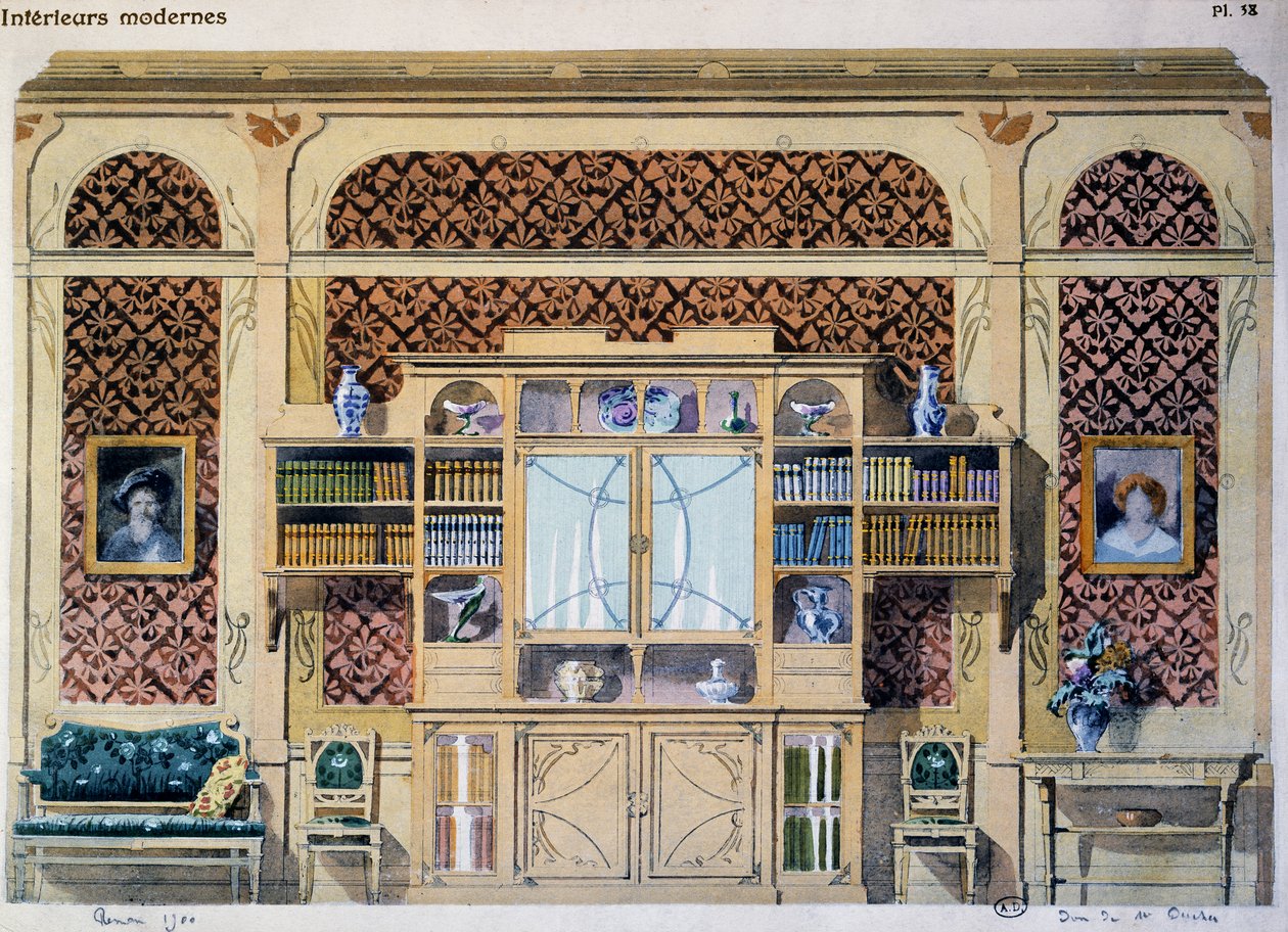 Art nouveau tarzı kitaplık, Interieurs Modernes (Modern Interiors) dergisinden bir illüstrasyon by French School