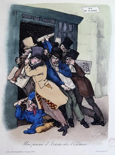 Yayıncının kapısını kuşatan sanatçılar, 1830 dolayları (renkli taş) by French School