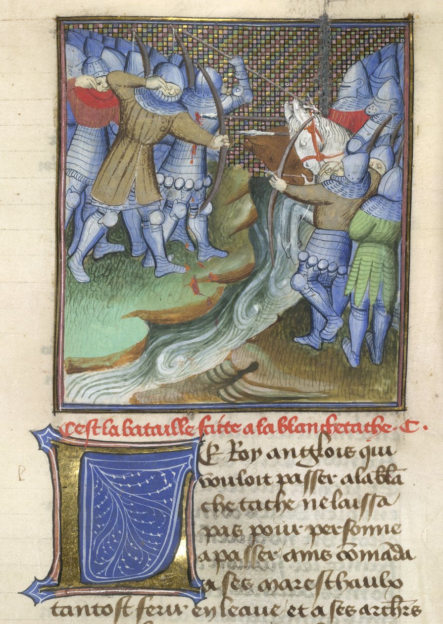 Arundel 67, f.144, Chroniques d'Angleterre'den bir nehrin karşısında savaşan Ortaçağ askerleri, Jean Froissart (parşömen) by French School
