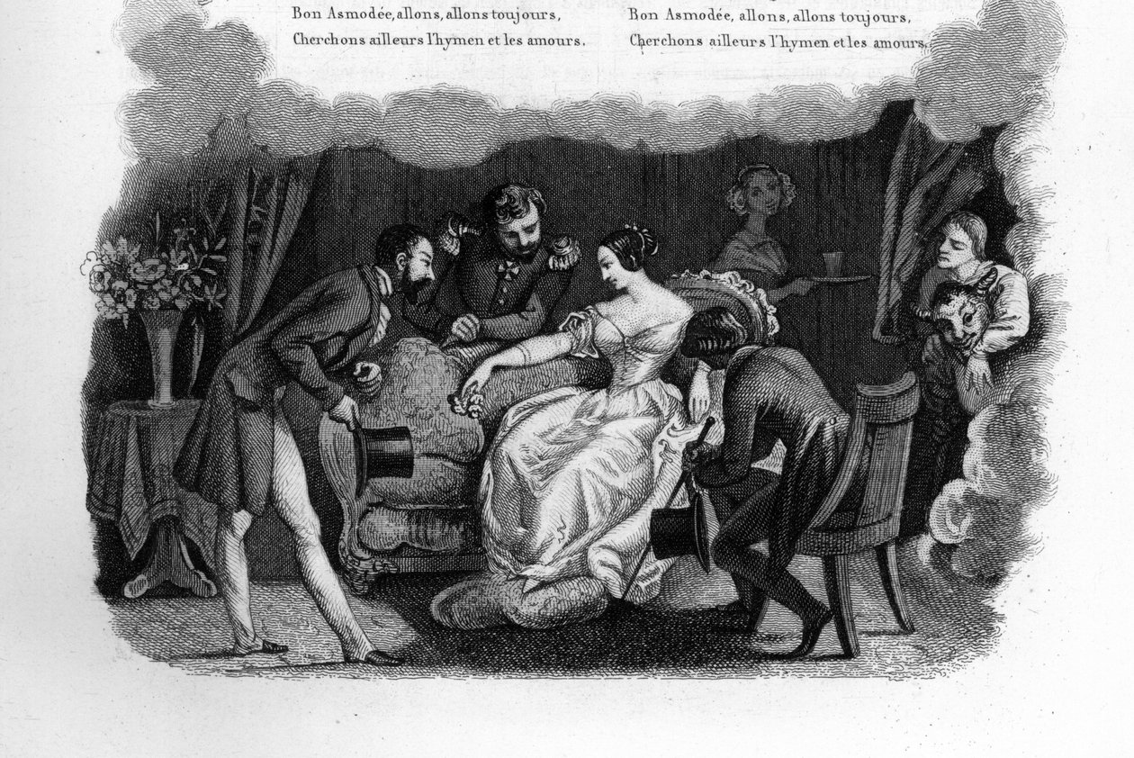 Asmodee. Bir züppe ve bir asker de dahil olmak üzere üç taklitçi tarafından bir oturma odasında güzel bir genç kadın. “” Chants et chansons populaire de la France”, Cilt 2