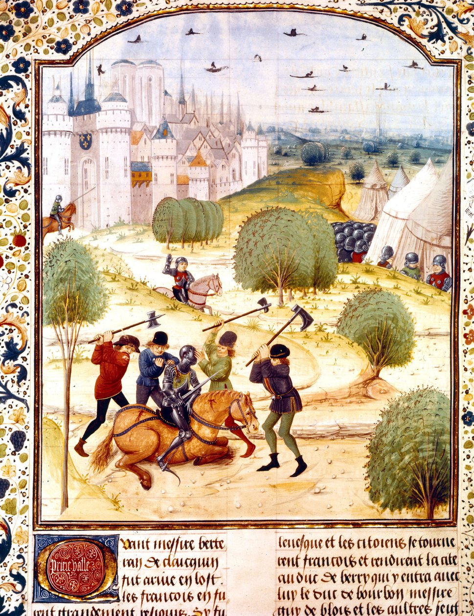 Jean de Wavrin tarafından yazılan İngiltere Chronicles of England'dan 1437 (100 yıl savaş) aydınlatmasında Paris dışında bir İngiliz şövalyesinin suikastı by French School