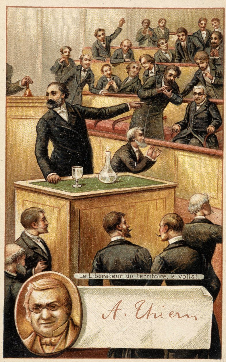 Meclis tezahürat Thiers, “” bölgenin kurtarıcısı”” ve madalyonda portre - kromo., 19. yüzyılın sonlarında. by French School