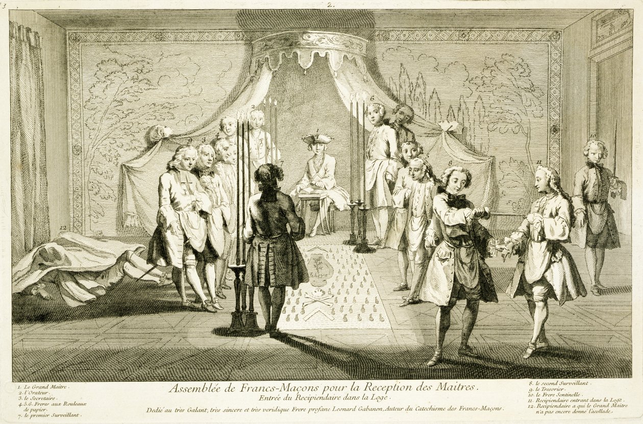 Hür Masonlar Üstadın İnisiyasyonu İçin Meclis, adayın locaya girişi, Din ve Gelenek Törenlerinden, c.1733 by French School