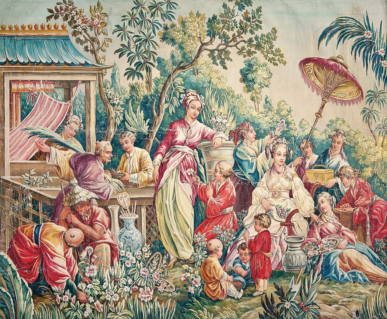 Oryantal bir bahçede duvara asılan figürler için Aubusson karikatürü by French School