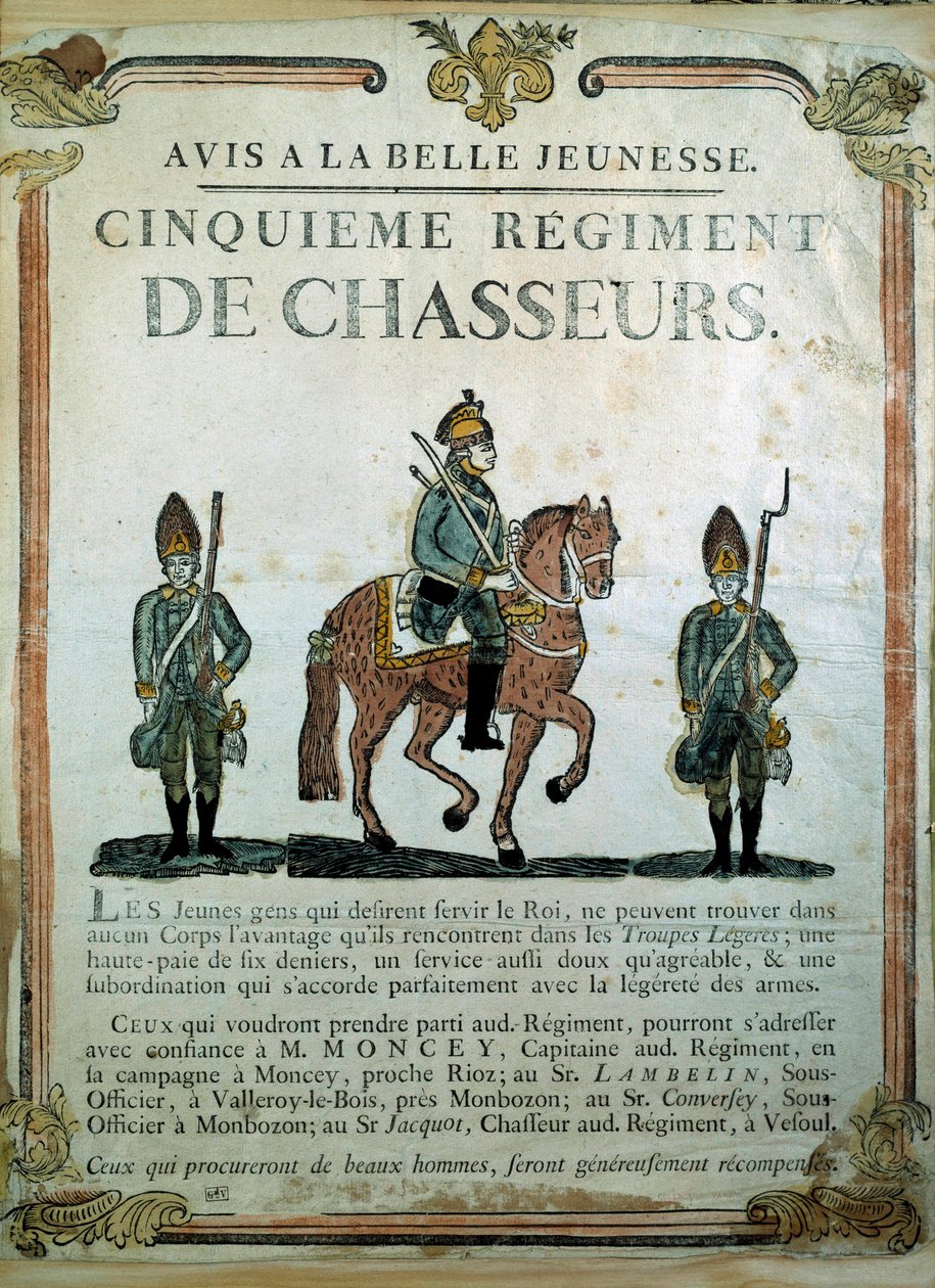 Avis à la Belle Jeunesse, 18. yüzyıl 5. Avcı Alayı için askere alma posteri. Paris, Musee de l