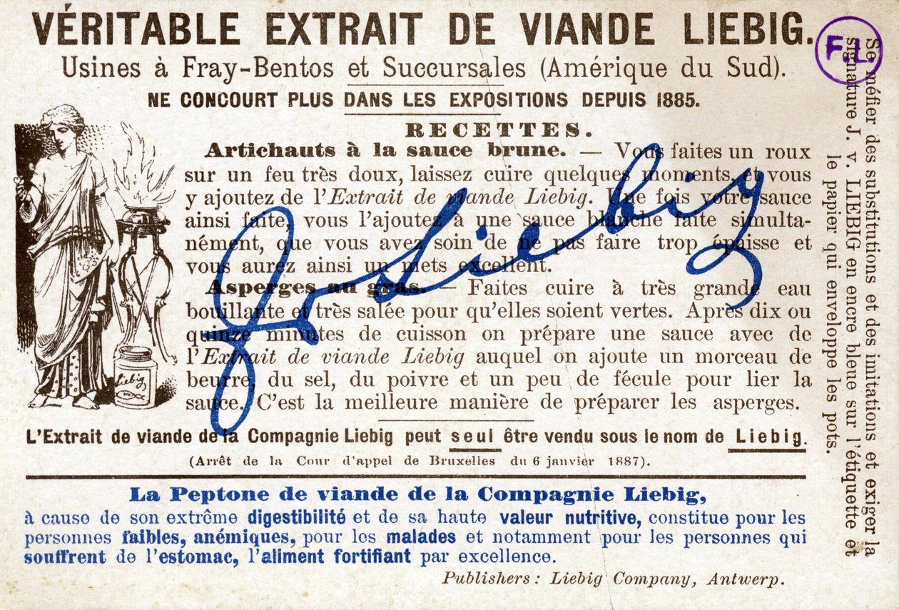 Liebig kartının arkası) kahverengi soslu enginar tarifi ile. reklam kromolitografisi by French School