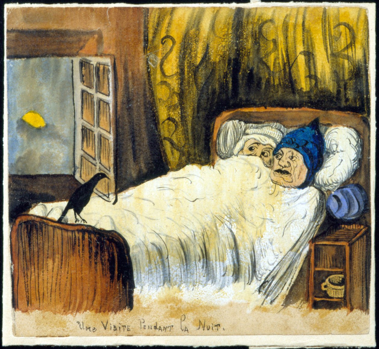 Kötü uğurlu: gece ziyareti (bir kuzguna bakan bir çift). by French School