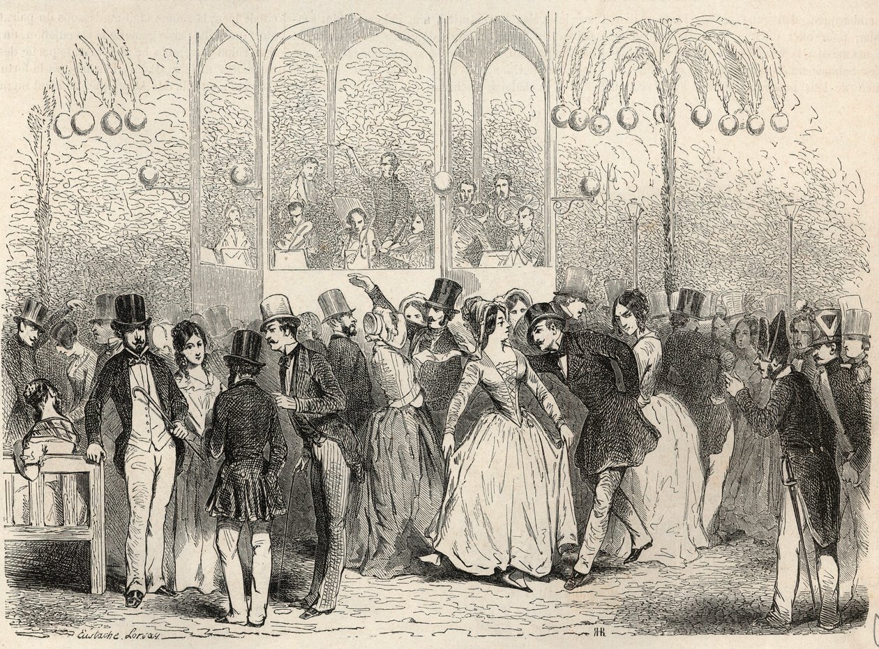 Bal Mabille (dans ve eğlence kurumu, avenue Montaigne, Paris) Edmond Texier tarafından “Tableau-de-Paris”te gravür 1852 by French School