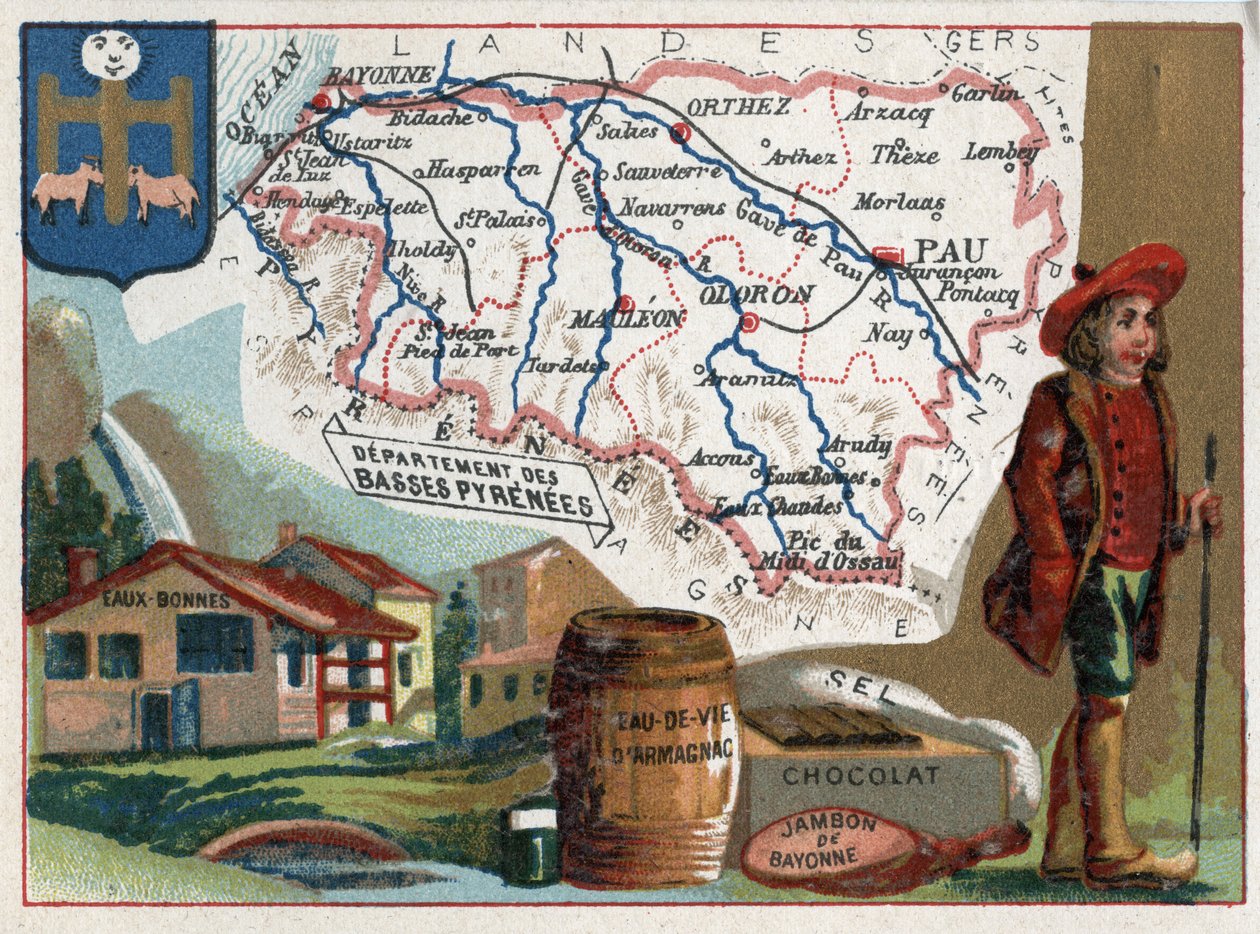 Bases Pyrenees, şimdi Pyrenees-Atlantiques (Pyrenees Atlantiques, 64), Aquitaine, Fransa. Eau-bonnes (su iyi), eau de vie d