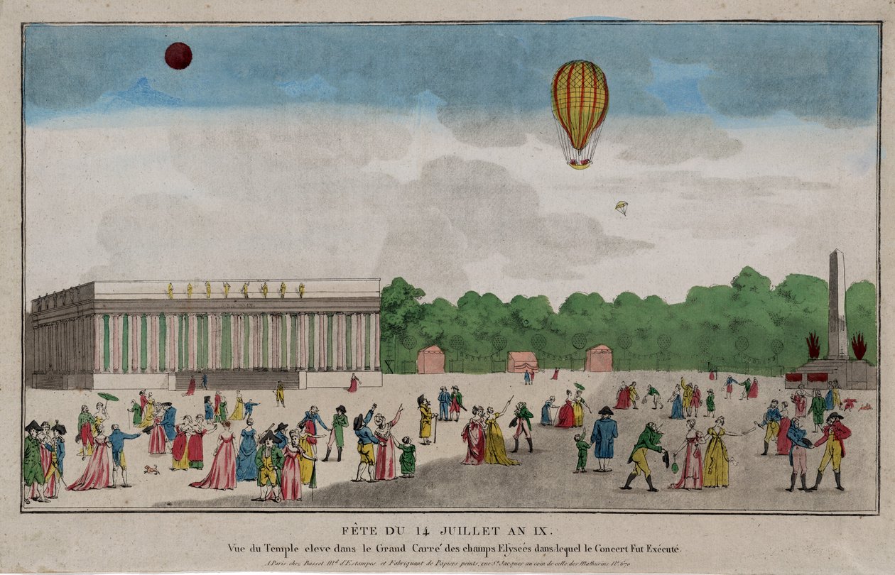 Bastille Günü, Paris, 14 Temmuz 1801 (el boyaması gravür) by French School