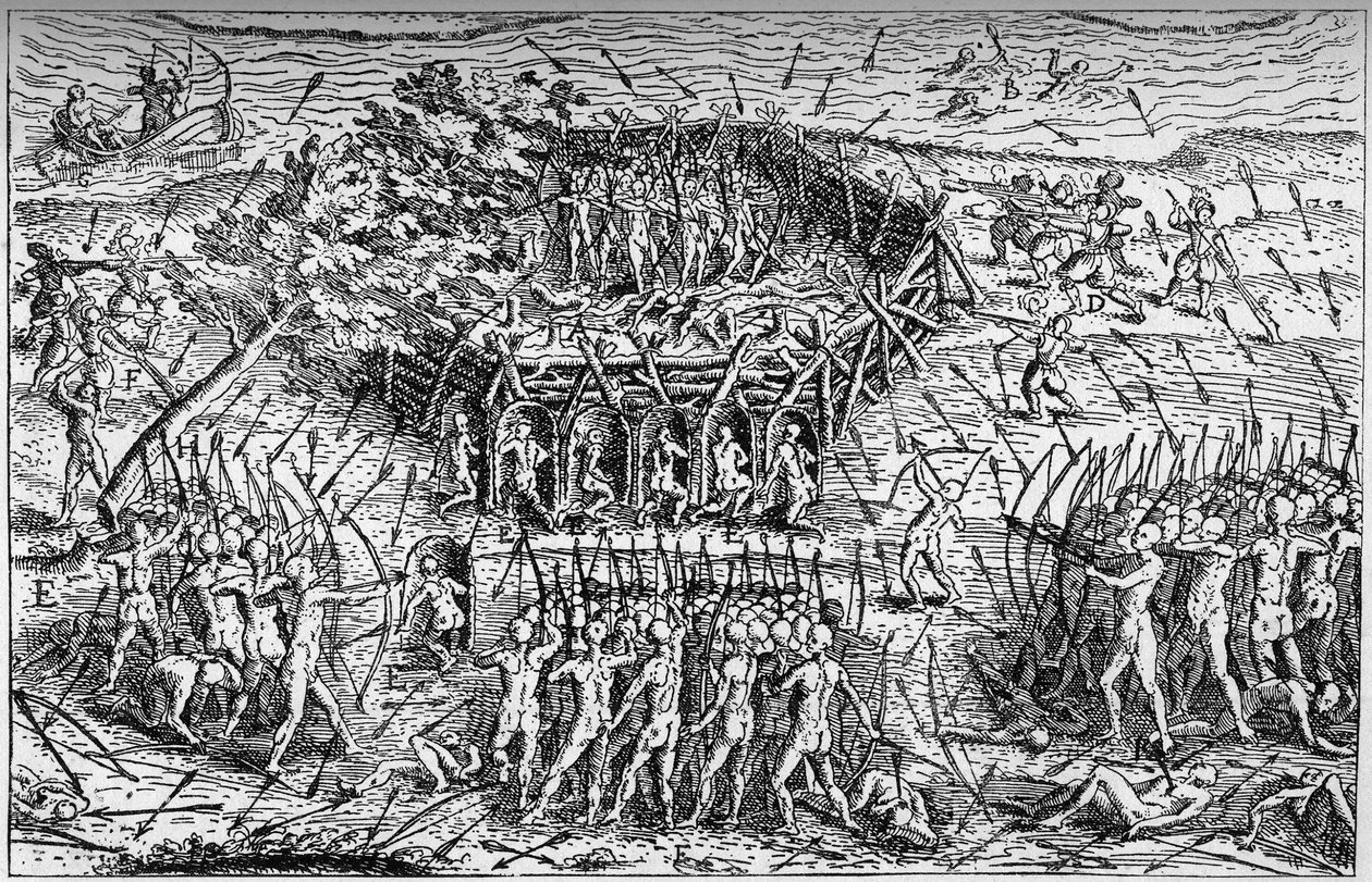 Fransız Samuel de Champlain ordusu (1567-1635 dolaylarında) ve Iroquois arasındaki savaş. Kanada, 17. yüzyılın başı. "La Marine et les koloniler: ticaret" üzerine gravür by French School