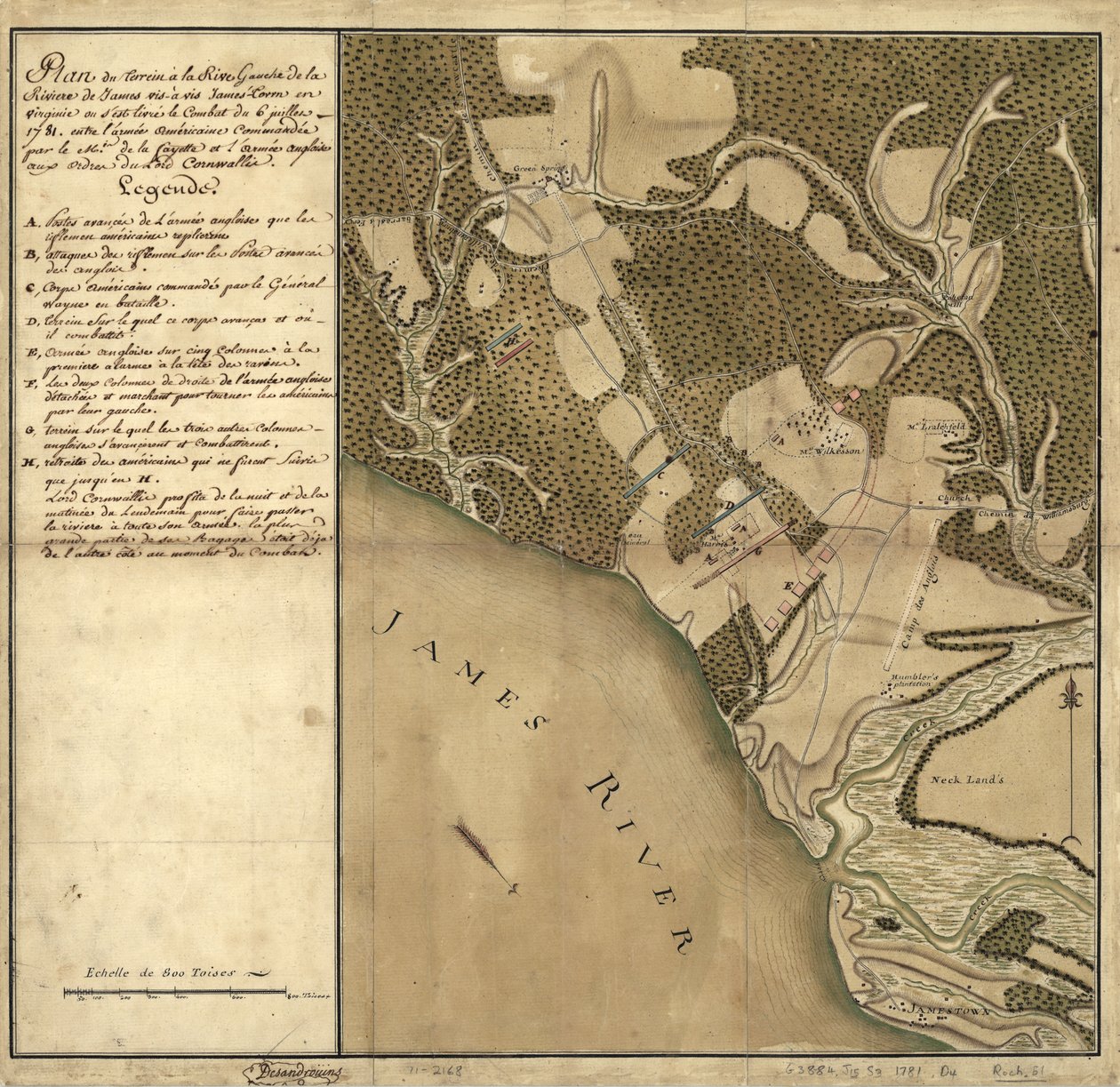 Green Spring Savaşı, James Nehri'nin sol kıyısında, 6 Temmuz savaşının yapıldığı Virginia'daki Jamestown'un karşısındaki arazinin haritası. by French School