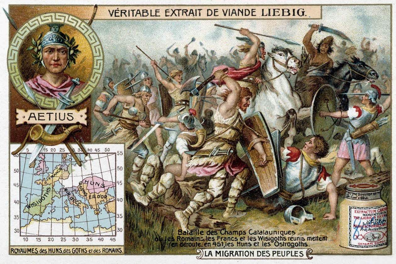 451'de Romalıların, Frankların ve Vizigotların bir araya toplanıp hunları ve ostrogotları yendiği Katalan Savaşı. Romalı General Aetius'un Portresi - Liébig reklam afişi by French School