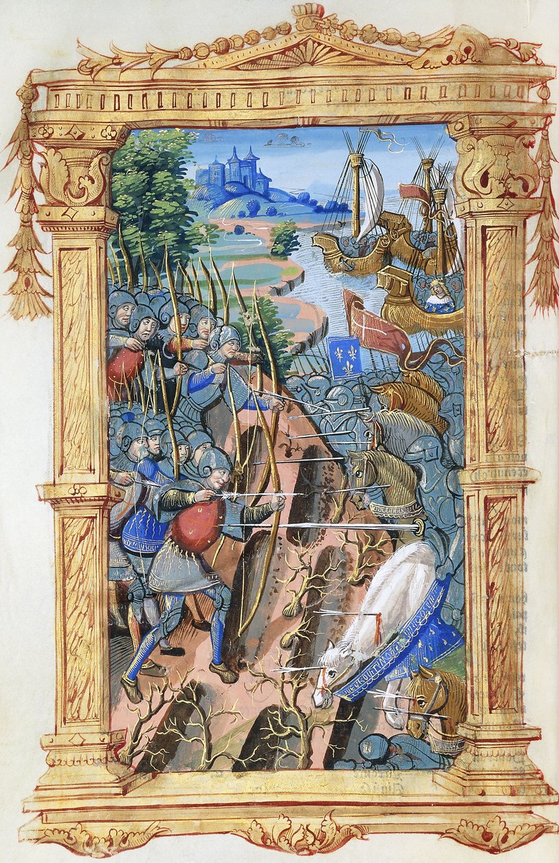 Okçular ve süvariler arasındaki savaş sahnesi, kale ve gemiler, c.1495-1500 by French School