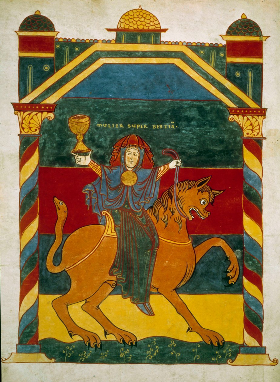 Canavar ve Kadın, üzerinde oturan zengin fahişe. Liebanalı keşiş Beatus tarafından 775 yılında yazılan “Aziz Yuhanna