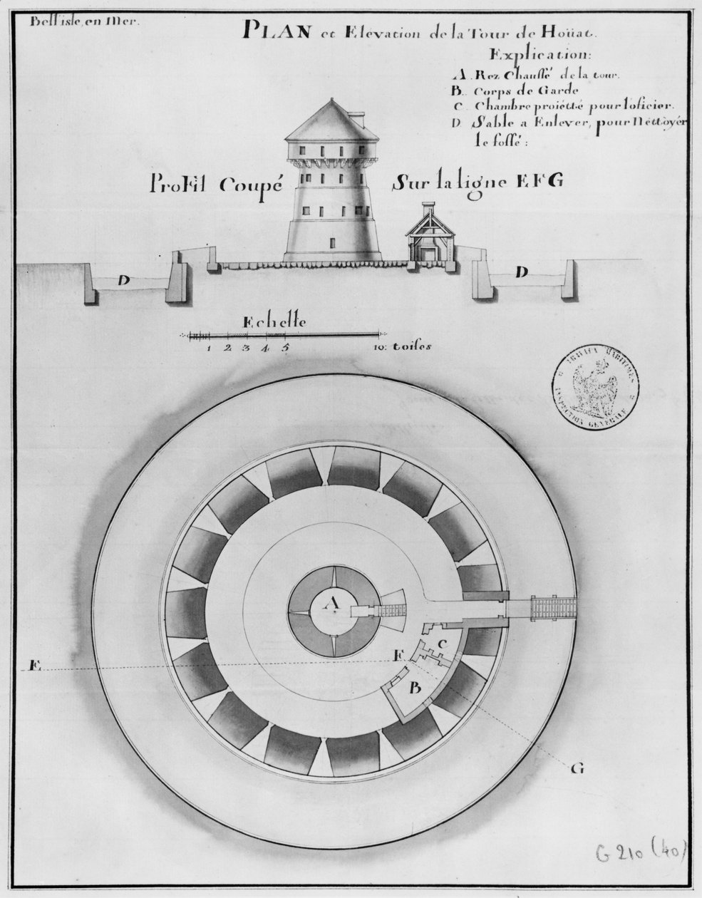 Belle Isle en Mer, Houat kulesinin planı ve cephesi, 1745 (kağıt üzerinde kalem ve mürekkep ve w:c) by French School
