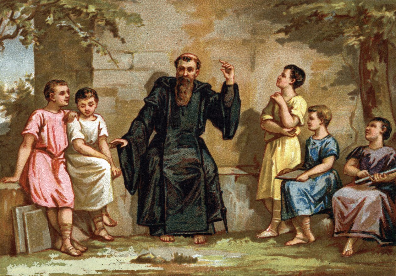 Benoit de Nursie veya Saint Benoit (480-547), Roma soylularının çocuklarına egemenliğini öğretiyor. 19. yüzyılın sonlarında kromolitografi. by French School