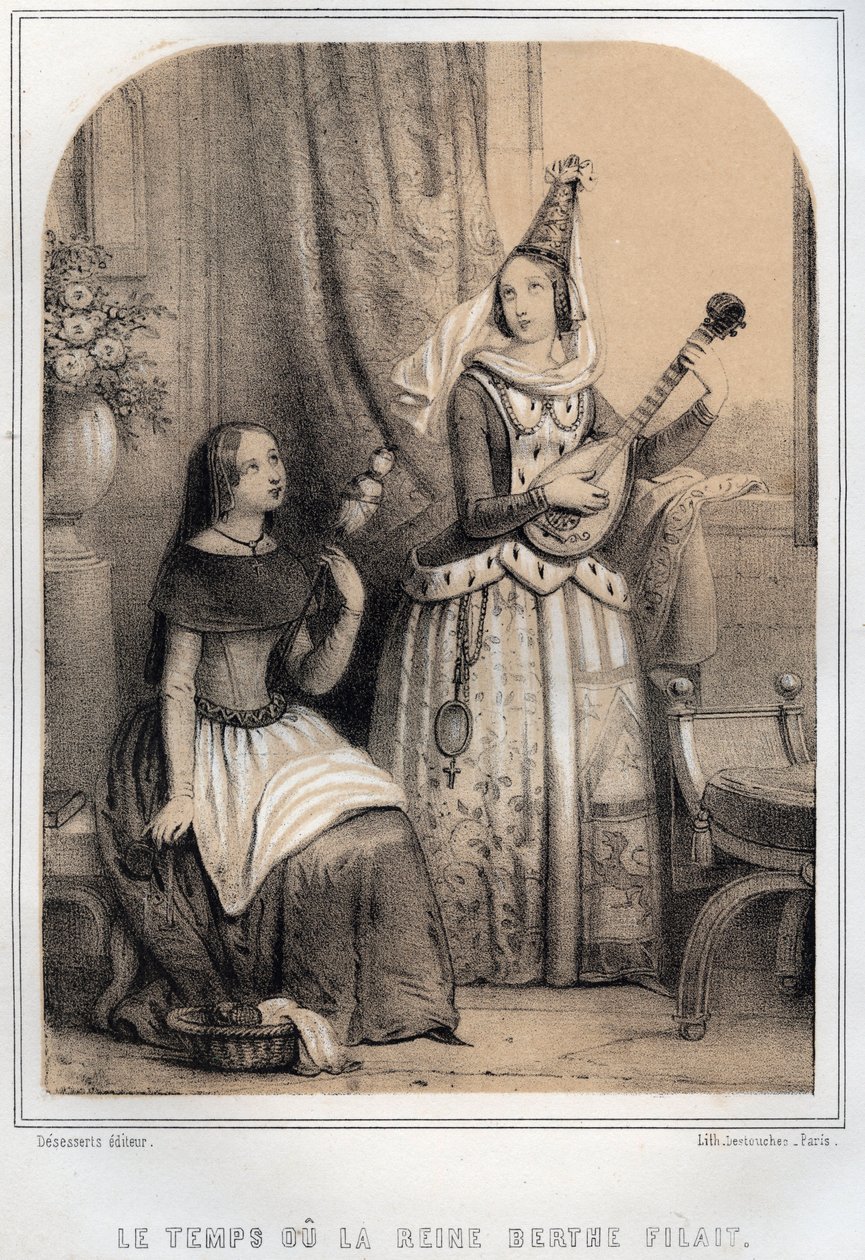 Berthe de Swabia (Bordo) Filandiere veya dönen kraliçe olarak bilinir (907-966) - MORING MICHEL'in “” THE SOURIES DE MON UNCLE MEMORYES ET RECITTS DE Voyages” gravürü - 19. yüzyıl sonu by French School
