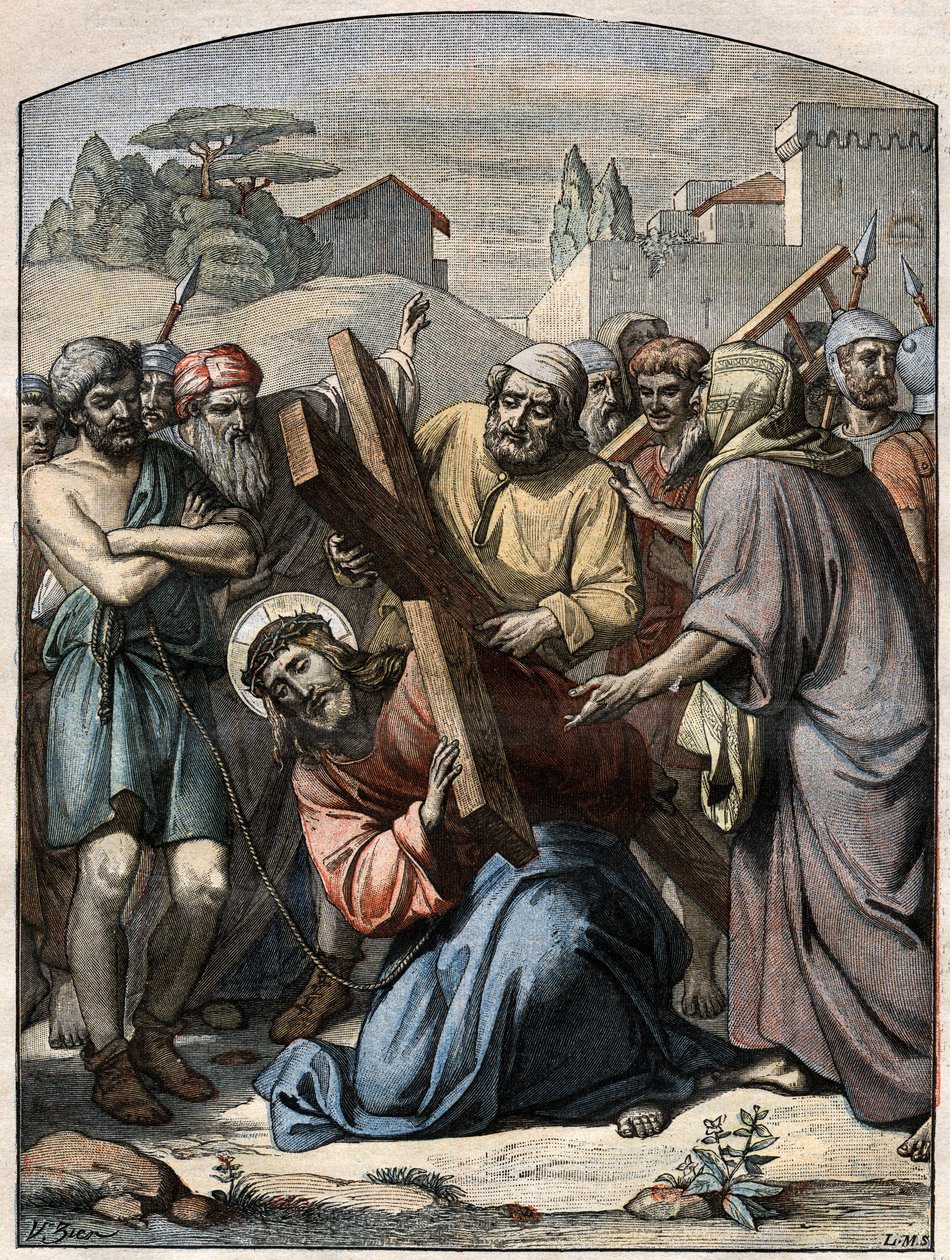 İncil Sahnesi - Haç Yolu: İsa, Kireneli Simon (Sireneli) tarafından yardım eder. 13 Eylül 1896 tarihli “Le Pelerin”deki gravür. by French School