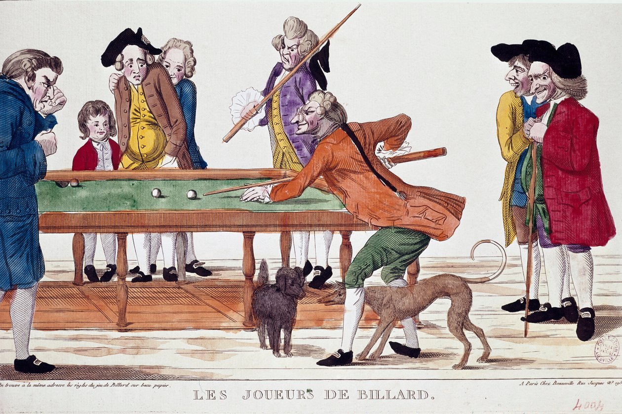 Bilardo oyuncuları (devrimci takvimin 8. yılının termidoru) (1800). Karikatür. Devrim dönemi Fransız okulunun renkli gravürü. Paris, Musee Karnavalı by French School