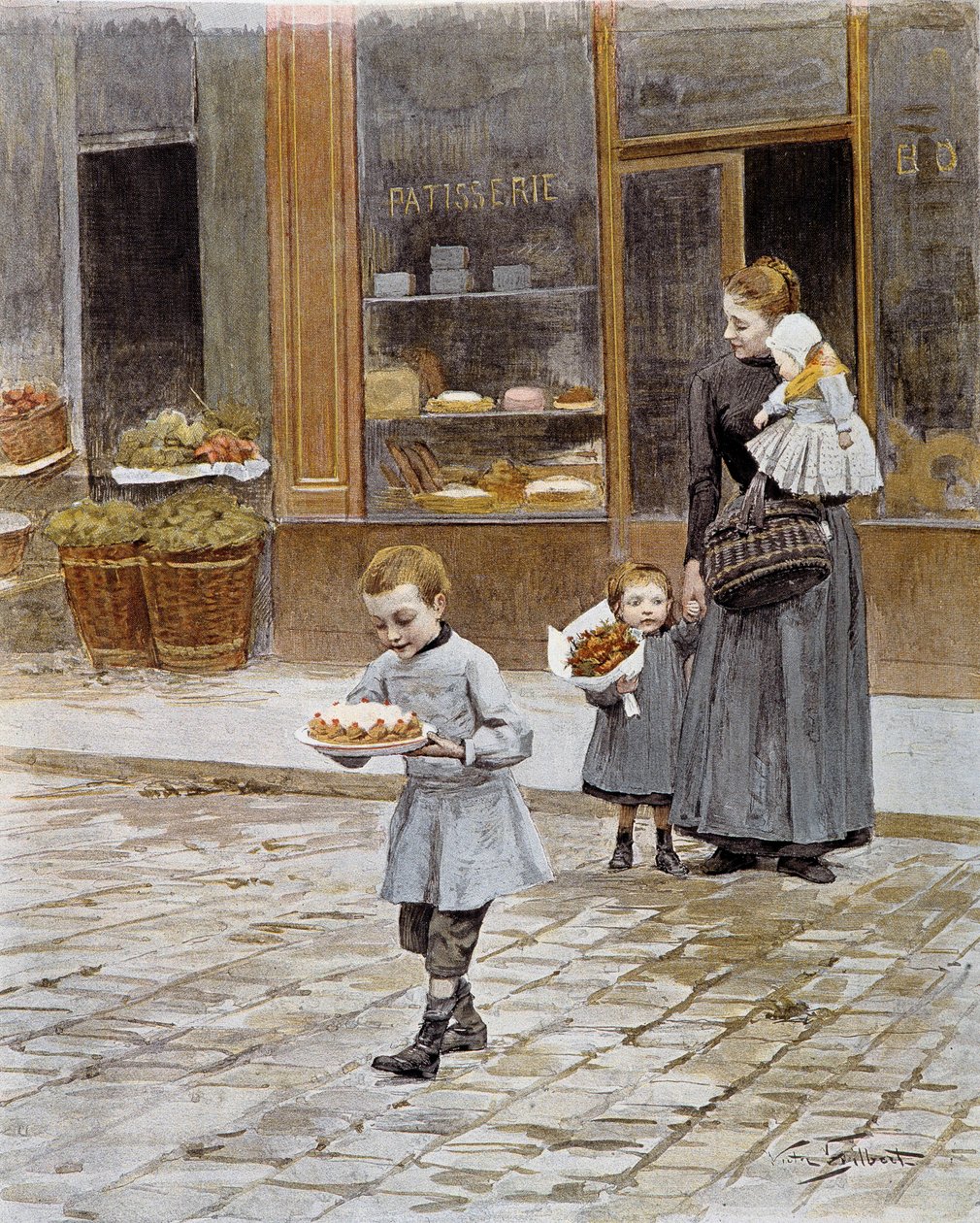 Doğum günü Bir pastaneden elinde pastasını tutan küçük bir çocuk çıkıyor. 19. yüzyıl Paris