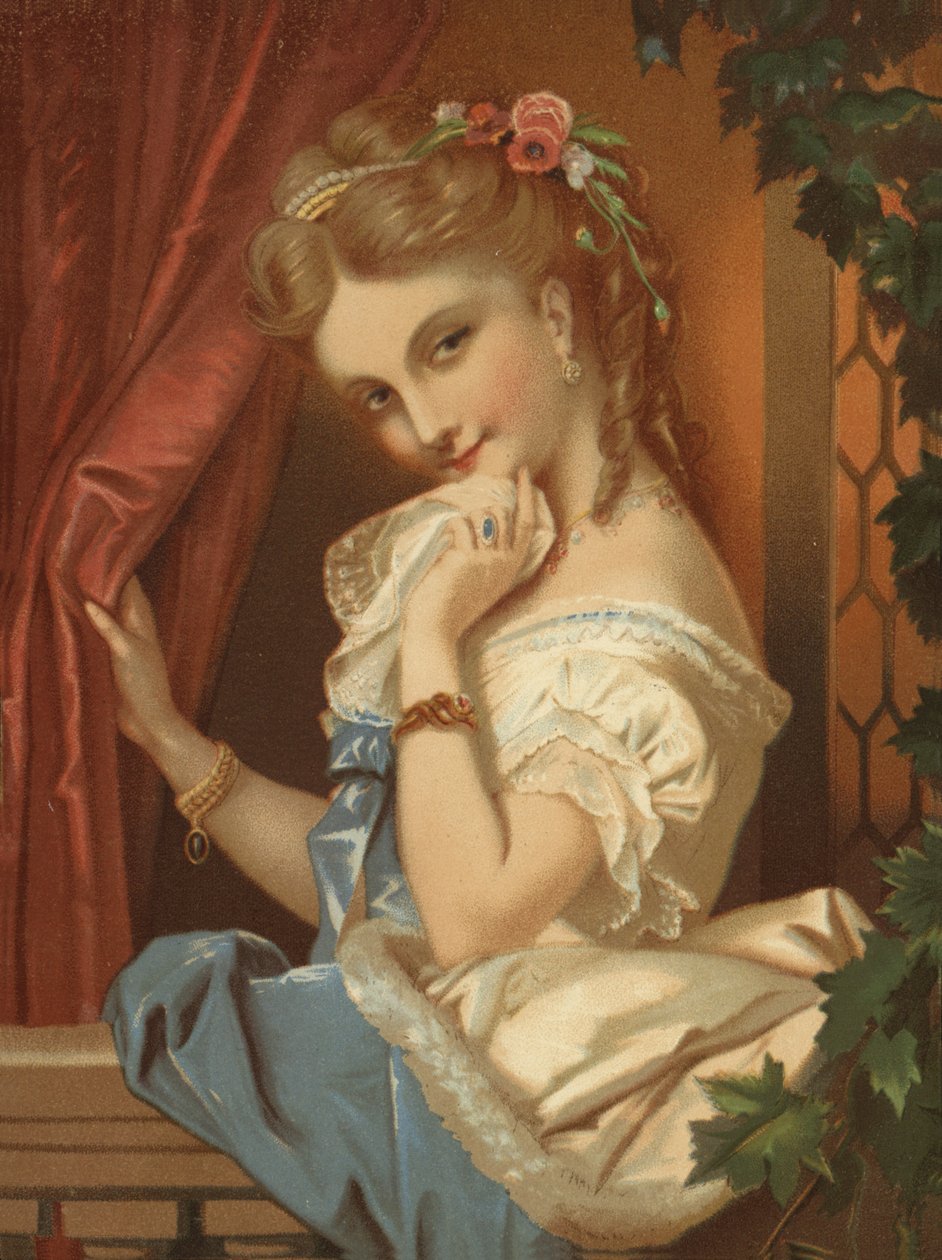 Baştan çıkarıcı gülümsemesiyle sarışın kız (chromolitho) by French School