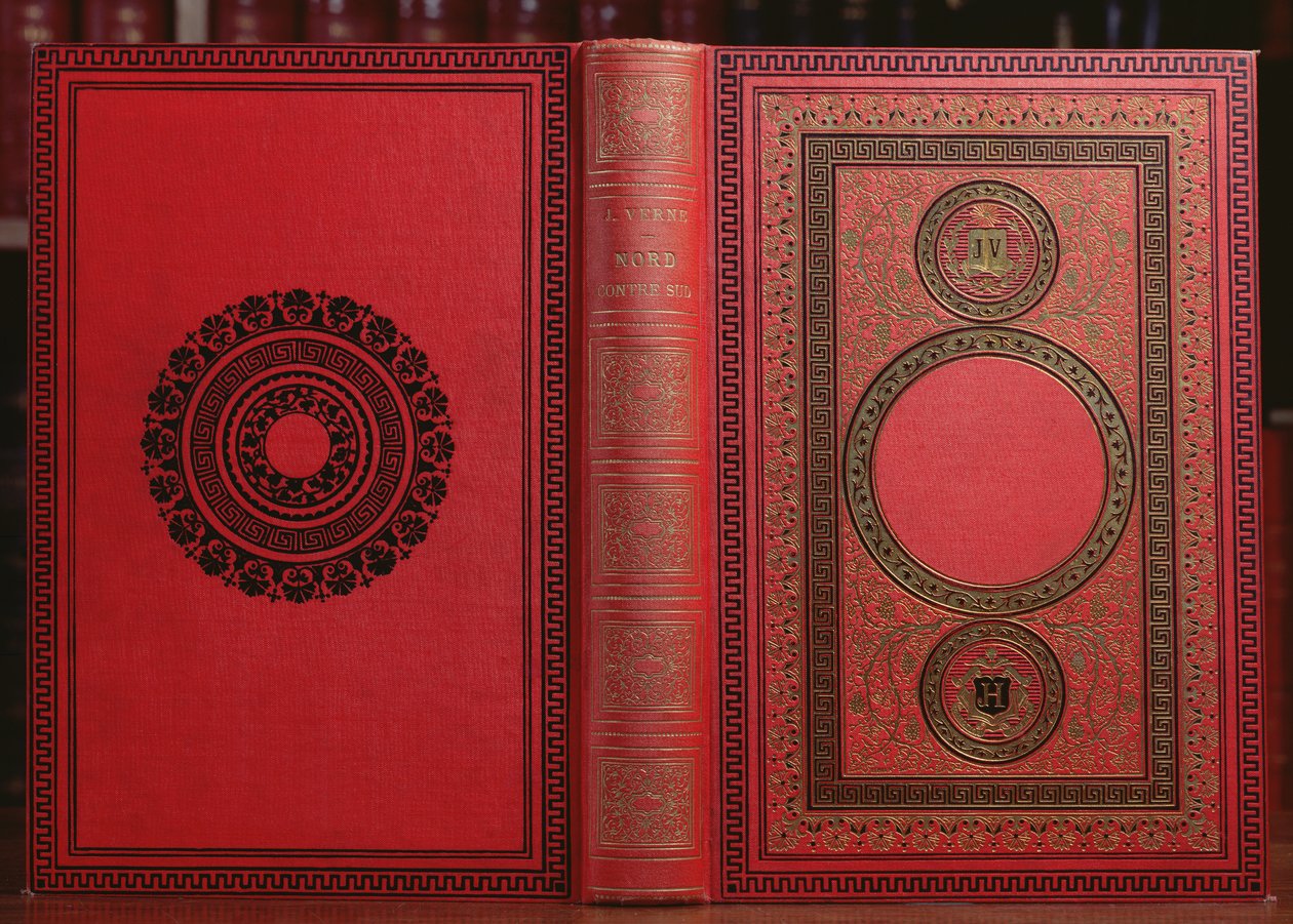Jules Verne (1828-1905) tarafından yazılan Kuzey Güneye Karşı Kitap Kapağı (deri) by French School