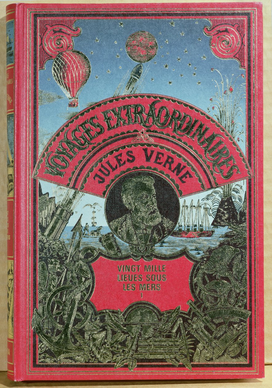 Jules Verne (1828-1905) 1870 tarafından yazılan Denizler Altında 20.000 Fersah için kitap kapağı by French School