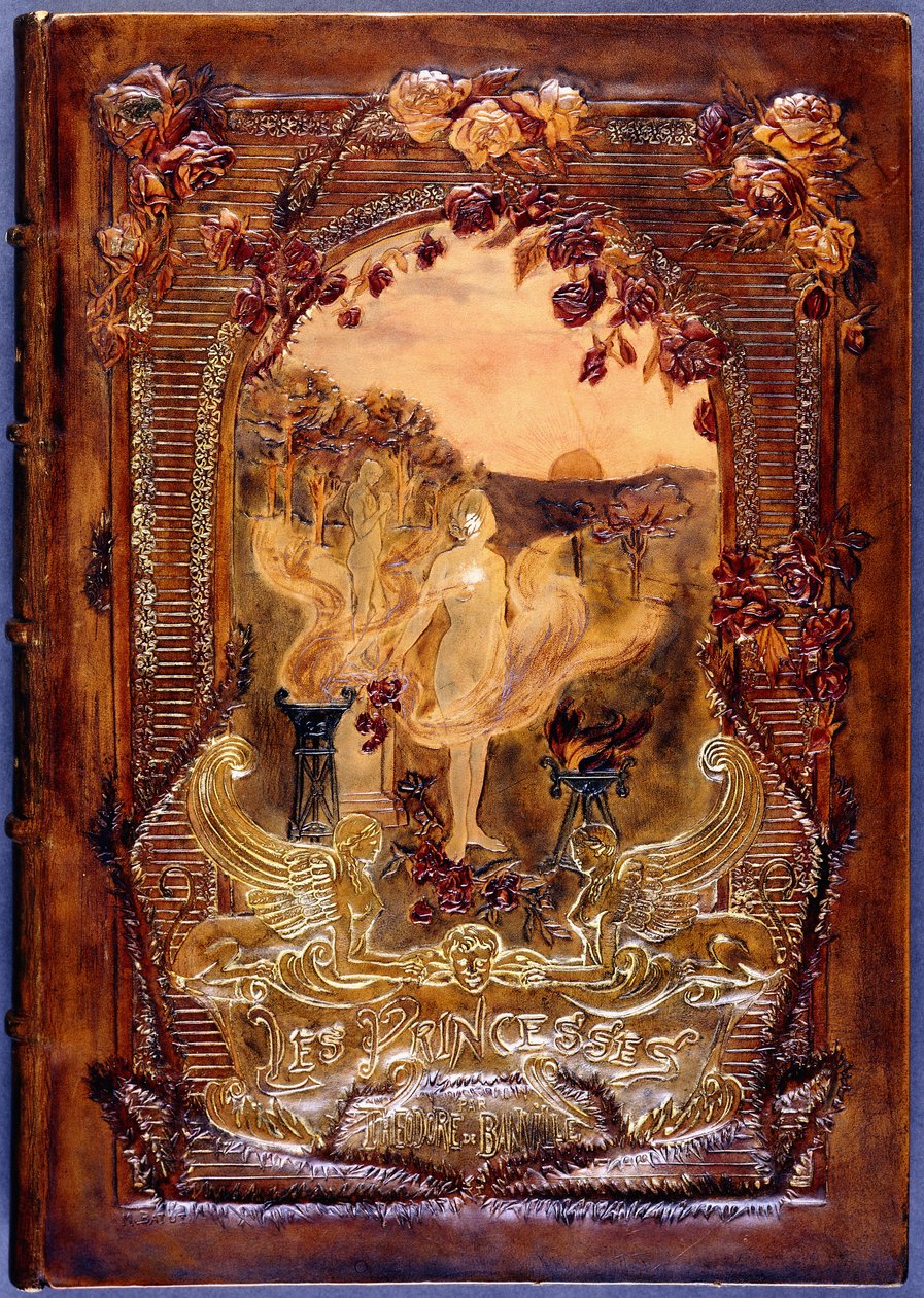 Kitap kapağı, bir manzaraya saçılmış çıplak bir kadın gülünü gösteriyor, 1904 by French School