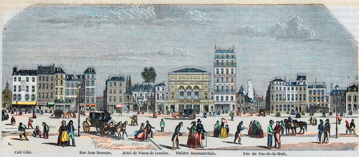 Boulevard Beaumarchais güney tarafı - Cafe Gibe - Hotel de Ninon de Laclos - Beaumarchais Tiyatrosu - Rue pas de la mule - Edmond Texier tarafından “Tableau-de-Paris” gravürü 1852 by French School