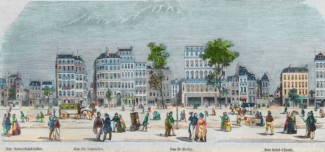Boulevard Beaumarchais güney tarafı - rue Neuve-Saint-Gilles - rue des Tournelles - rue de Harlay - rue Saint-Claude - Edmond Texier 1852 tarafından “Tableau-de-Paris”te gravür by French School