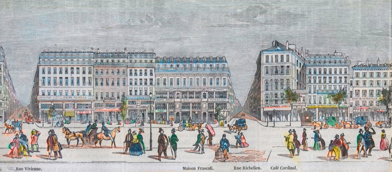 Güney tarafında Montmartre Bulvarı ve güney tarafında bulvar des Italiens - Rue Vivienne - Maison Frascati - Rue Richelieu - Cafe Cardinal - Edmond Texier tarafından “Tableau-de-Paris” gravürü 1852 by French School