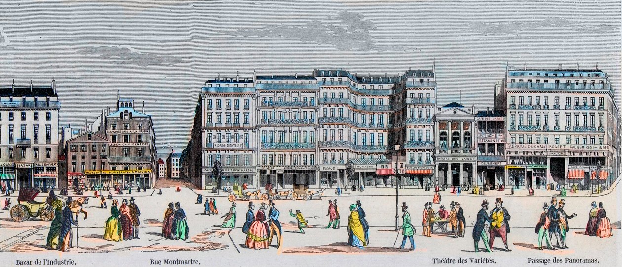 Boulevard Poissonniere ve Boulevard Montmartre - sanayi pazarı - Rue Montmartre - Theatre des Varietes ve pasaj des Panoramas - Edmond Texier tarafından “Tableau-de-Paris”te gravür 1852 by French School