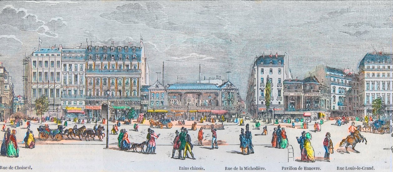Boulevard des Italians güney tarafı ve Boulevard des Capucines güney tarafı - rue de Choiseul - Çin hamamları - rue de la Michodiere - Pavillon de Hanover - rue Louis-le-Grand - Edmond Texier tarafından “Tableau-de-Paris”te gravür 1852 by French School